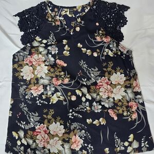 Floral Navy Top with Lace Sleeves